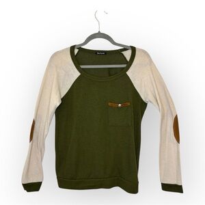 Pink Clover Olive Green Cream Raglan Sweater Suede Elbow Patches Academia Medium